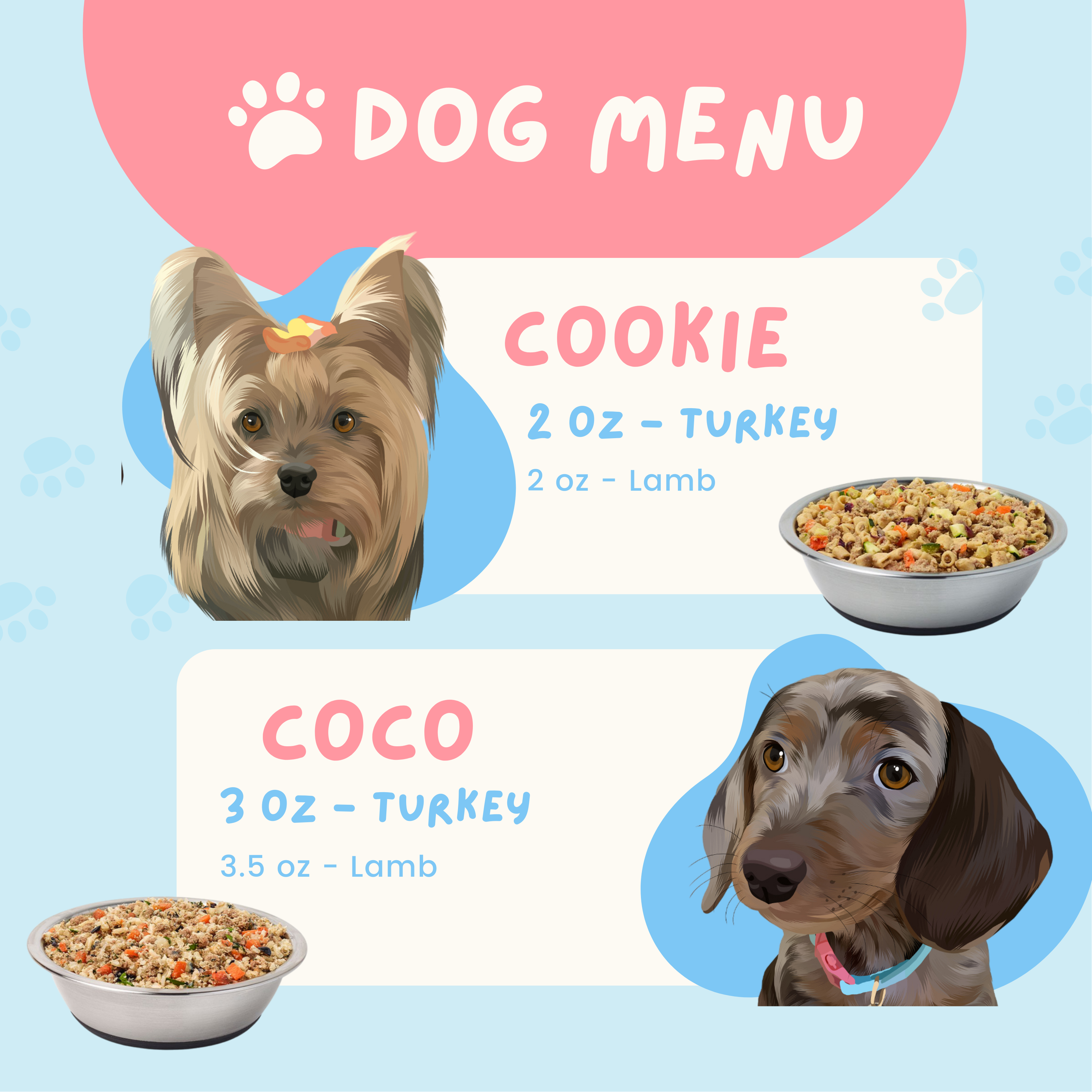  Image of Dog Menu with two dogs and their ammount of food for each